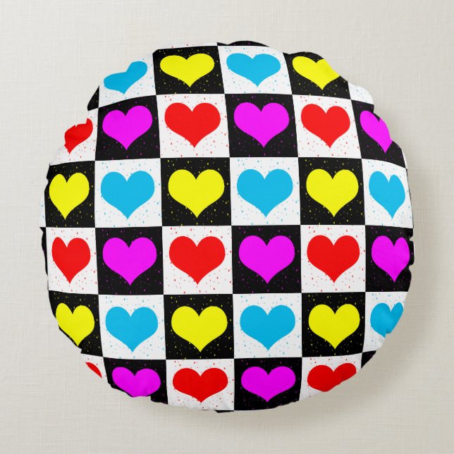 Colourful Love Hearts Geometric Block Print Round Cushion (Front)