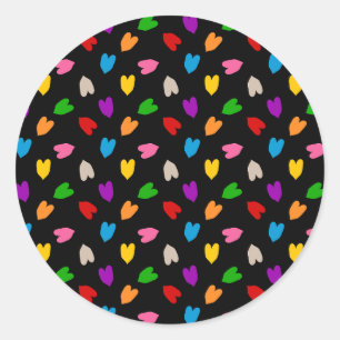 Colourful Love Hearts Pattern Design Black Classic Round Sticker