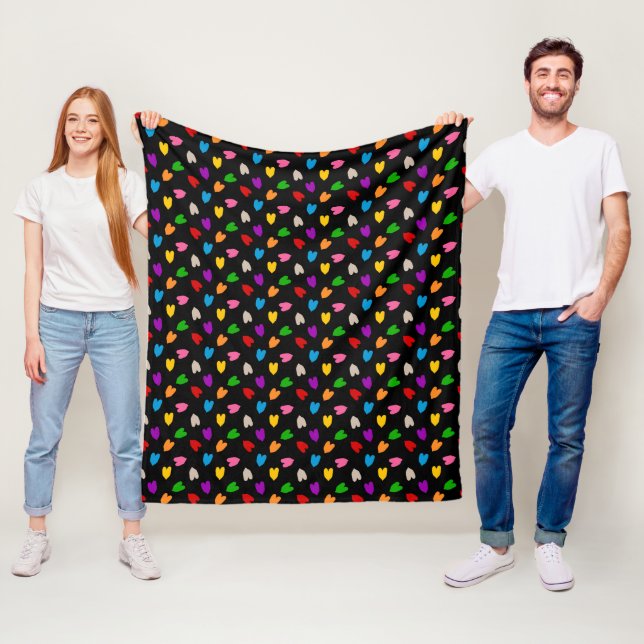 Colourful Love Hearts Pattern Design Black  Fleece Blanket (In Situ)