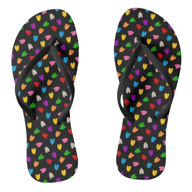Colourful Love Hearts Pattern Design Black  Jandals (Footbed)