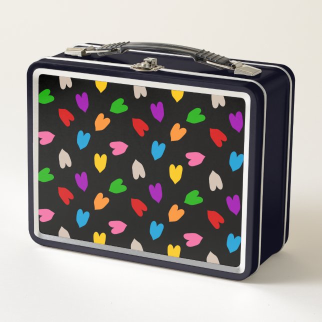 Colourful Love Hearts Pattern Design Black  Metal Lunch Box (Front)