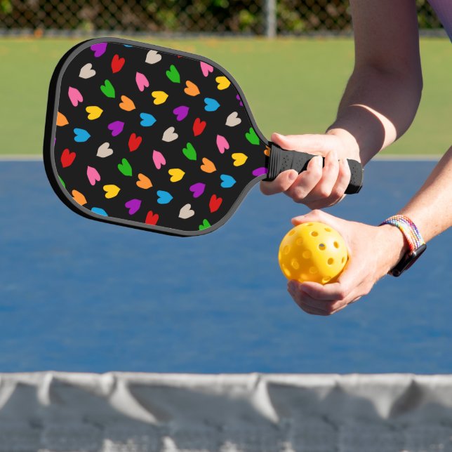 Colourful Love Hearts Pattern Design Black  Pickleball Paddle (Insitu)