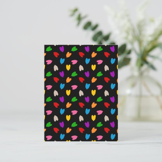 Colourful Love Hearts Pattern Design Black  Postcard (Standing Front)
