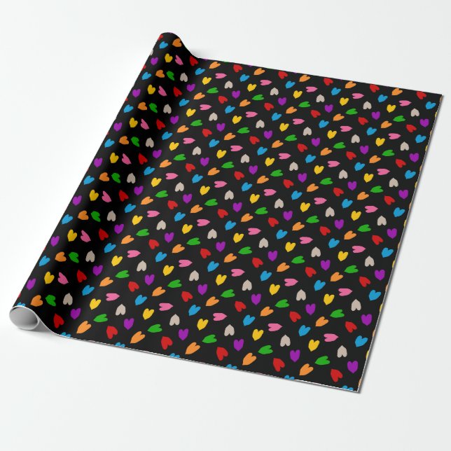 Colourful Love Hearts Pattern Design Black  Wrapping Paper (Unrolled)