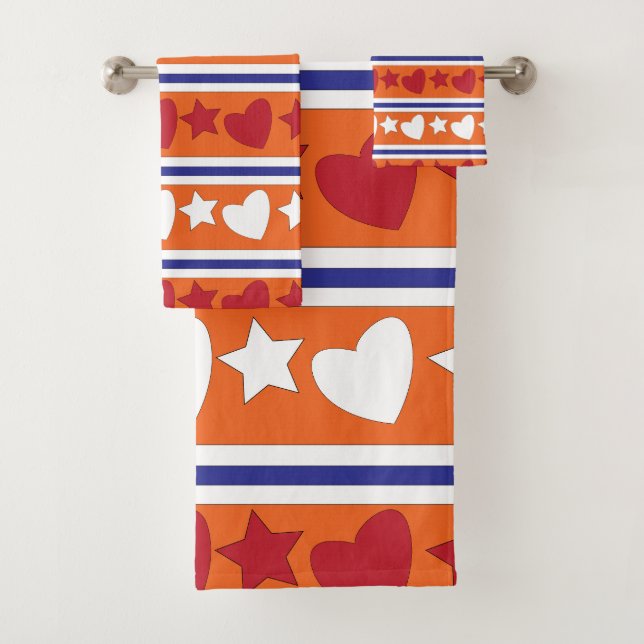 Colourful Love Hearts Star Stripes Pattern Bath Towel Set (Insitu)