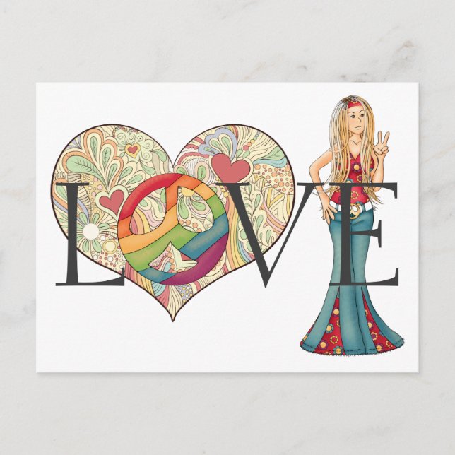 Colourful LOVE, Peace and Flower Heart Hippie Girl Postcard (Front)