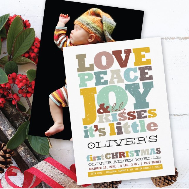 Colourful Love Peace Joy And Baby Kisses Letters Holiday Card (Creator Uploaded)