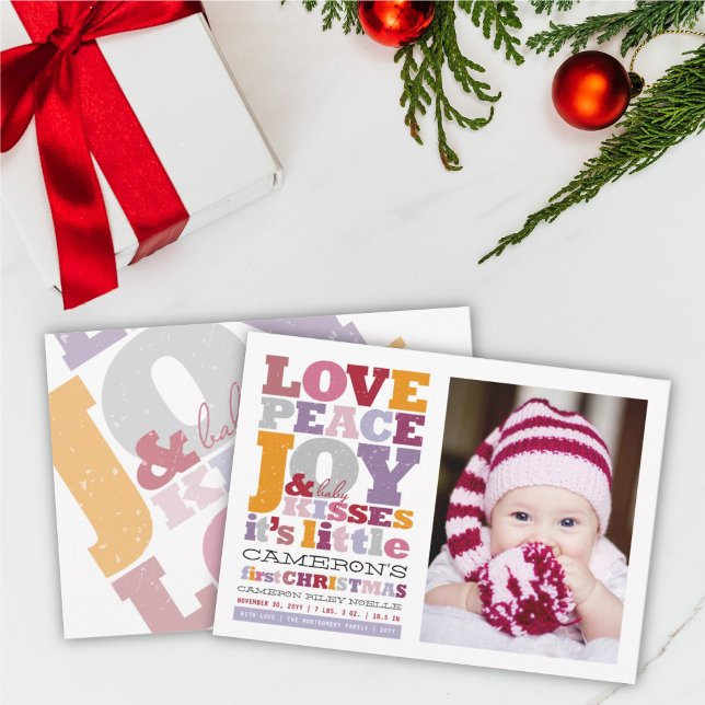 Colourful Love Peace Joy And Baby Kisses Letters Holiday Card (Creator Uploaded)