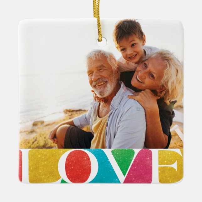 colourful LOVE PEACE JOY merry christmas photo Ceramic Ornament (Front)