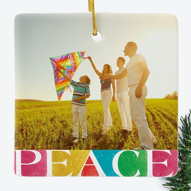 colourful LOVE PEACE JOY merry christmas photo Ceramic Ornament (Creator Uploaded)