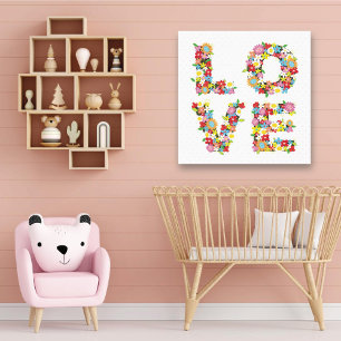 Colourful LOVE Spring Flowers Whimsical Nursery Canvas Print