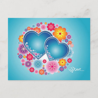 colourful love with hearts and flowers postcard