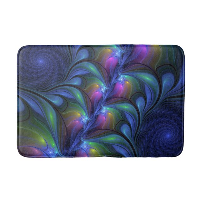 Colourful Luminous Abstract Blue Pink Green Fracta Bath Mat (Front)