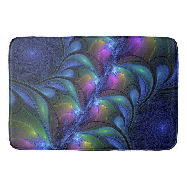 Colourful Luminous Abstract Blue Pink Green Fracta Bath Mat (Front)