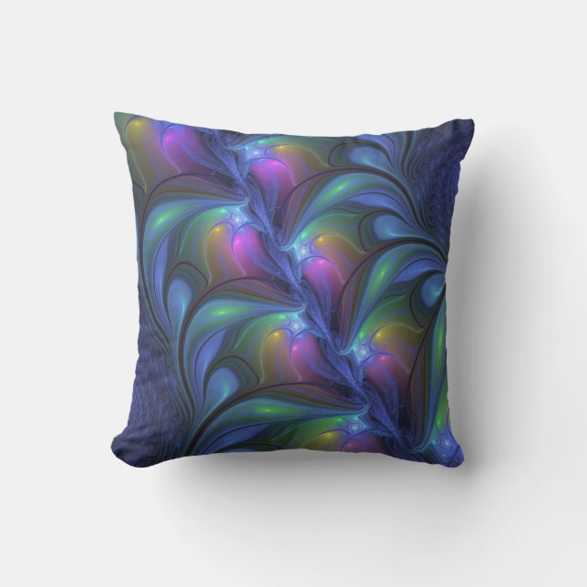 Colourful Luminous Abstract Blue Pink Green Fracta Cushion (Front)