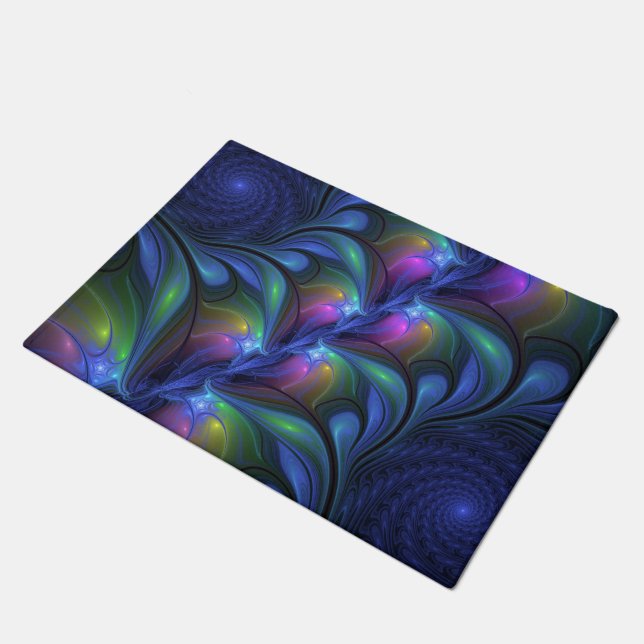 Colourful Luminous Abstract Blue Pink Green Fracta Doormat (Angled)