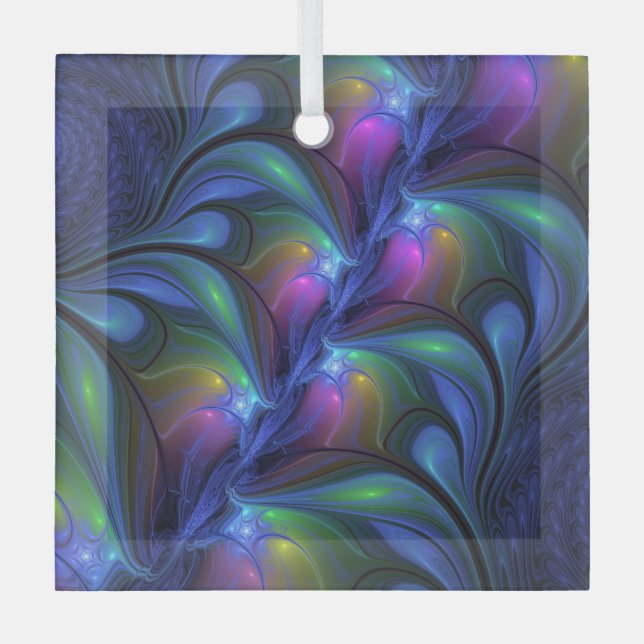 Colourful Luminous Abstract Blue Pink Green Fracta Glass Tree Decoration (Front)