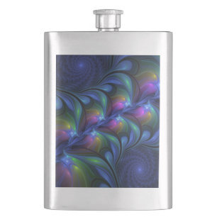 Colourful Luminous Abstract Blue Pink Green Fracta Hip Flask