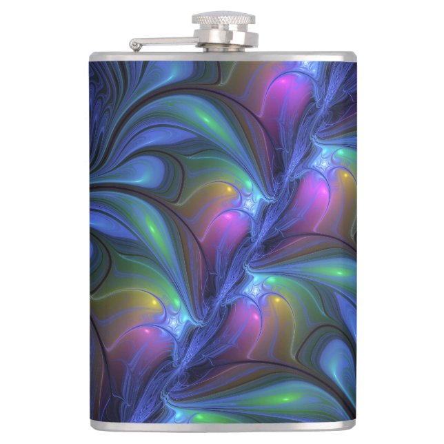 Colourful Luminous Abstract Blue Pink Green Fracta Hip Flask (Front)