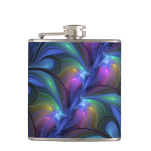 Colourful Luminous Abstract Blue Pink Green Fracta Hip Flask