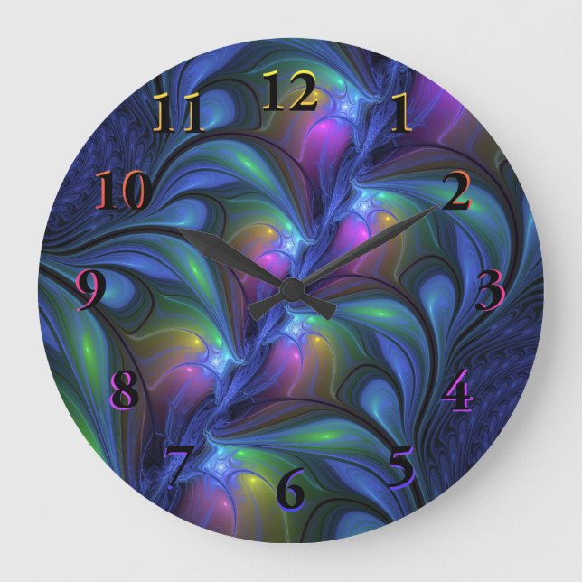 Colourful Luminous Abstract Blue Pink Green Fracta Large Clock (Front)