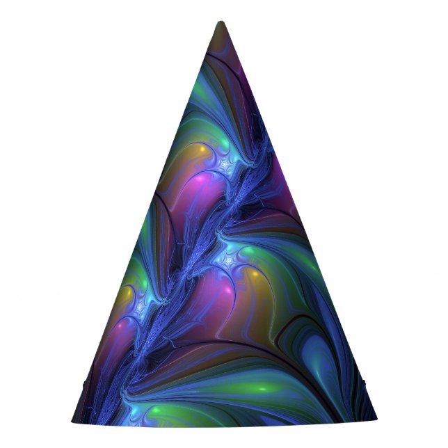 Colourful Luminous Abstract Blue Pink Green Fracta Party Hat (Front)
