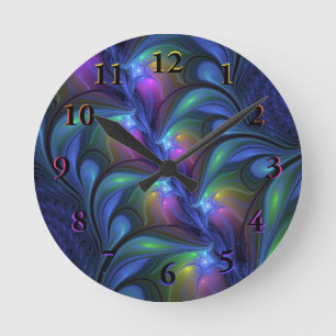 Colourful Luminous Abstract Blue Pink Green Fracta Round Clock