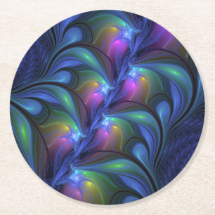 Colourful Luminous Abstract Blue Pink Green Fracta Round Paper Coaster