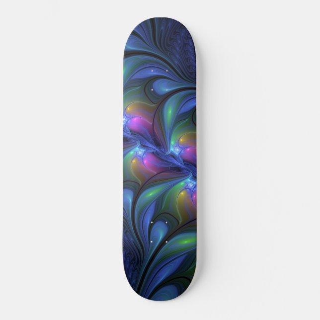 Colourful Luminous Abstract Blue Pink Green Fracta Skateboard (Front)