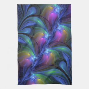 Colourful Luminous Abstract Blue Pink Green Fracta Tea Towel