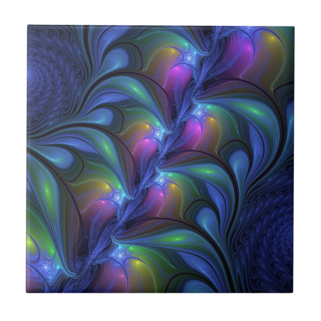 Colourful Luminous Abstract Blue Pink Green Fracta Tile (Front)