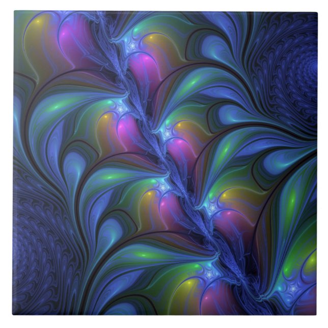 Colourful Luminous Abstract Blue Pink Green Fracta Tile (Front)