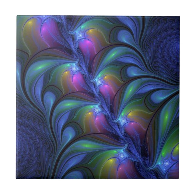 Colourful Luminous Abstract Blue Pink Green Fracta Tile (Front)