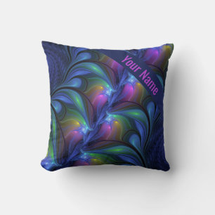 Colourful Luminous Abstract Blue Pink Green Name Cushion
