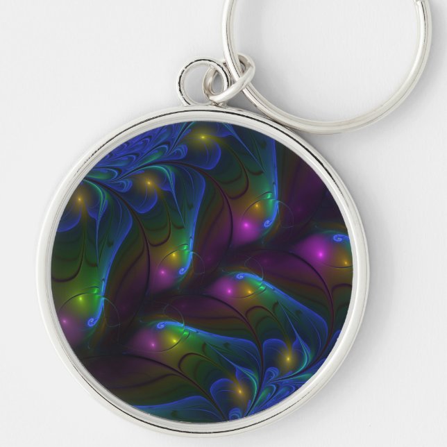 Colourful Luminous Abstract Modern Fractal Art Key Ring (Front)