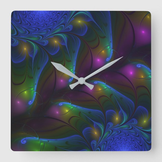 Colourful Luminous Abstract Modern Fractal Art Square Wall Clock (Front)