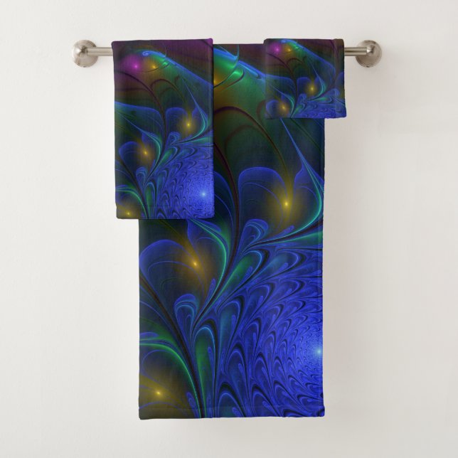 Colourful Luminous Abstract Modern Trippy Fractal Bath Towel Set (Insitu)