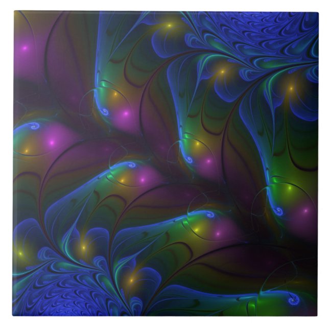 Colourful Luminous Abstract Modern Trippy Fractal Tile (Front)