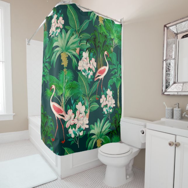 Colourful lush jungle pattern shower curtain (In Situ)