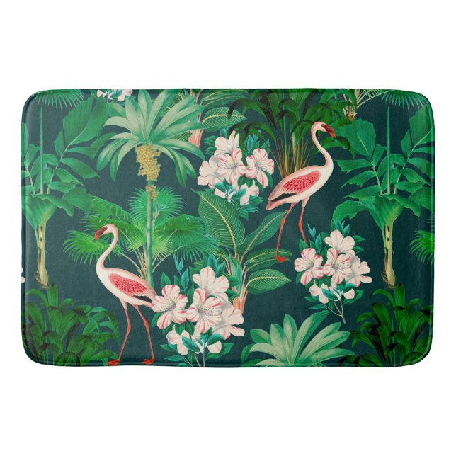 Colourful lush jungle pattern shower curtain bath mat (Front)