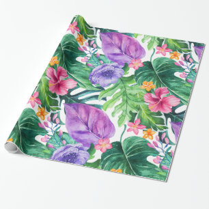 Colourful lush tropical flowers and leaves collage wrapping paper
