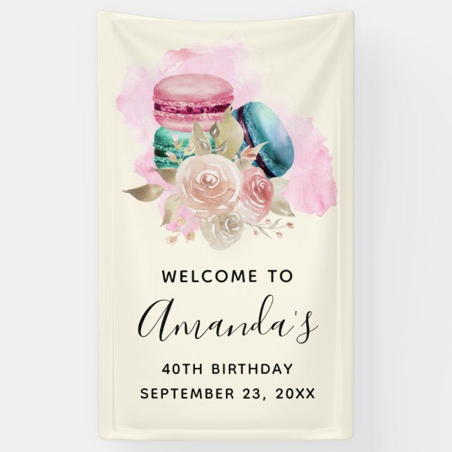 Colourful Macarons and Flowers Watercolor Birthday Banner (Vertical)