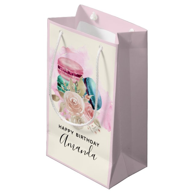 Colourful Macarons and Flowers Watercolor Birthday Small Gift Bag (Front Angled)