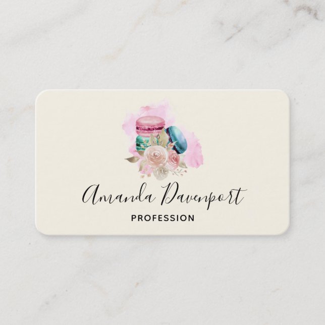 Colourful Macarons and Flowers Watercolor Business Card (Front)