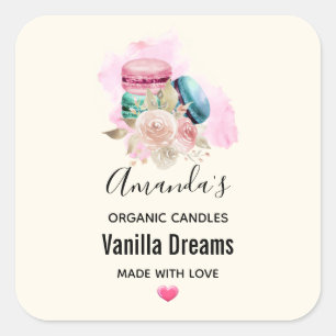 Colourful Macarons and Flowers Watercolor Candle Square Sticker