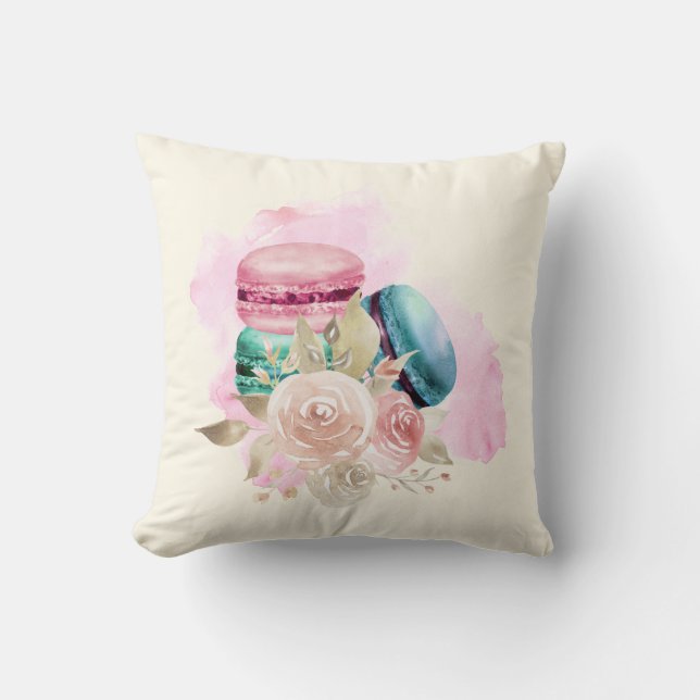 Colourful Macarons and Flowers Watercolor Cushion (Front)
