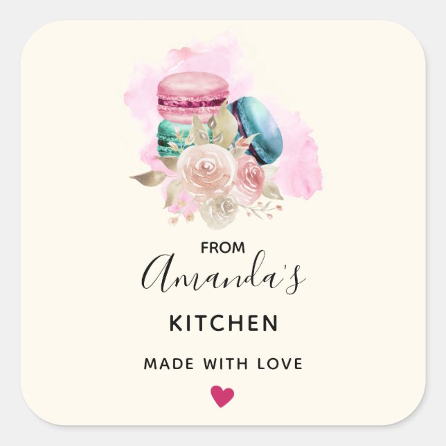 Colourful Macarons and Flowers Watercolor Kitchen Square Sticker (Front)