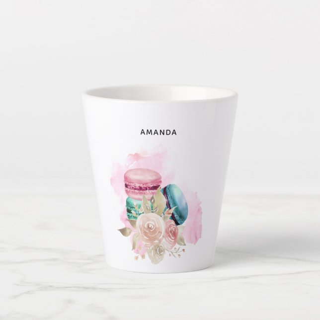 Colourful Macarons and Flowers Watercolor Latte Mug (Front)