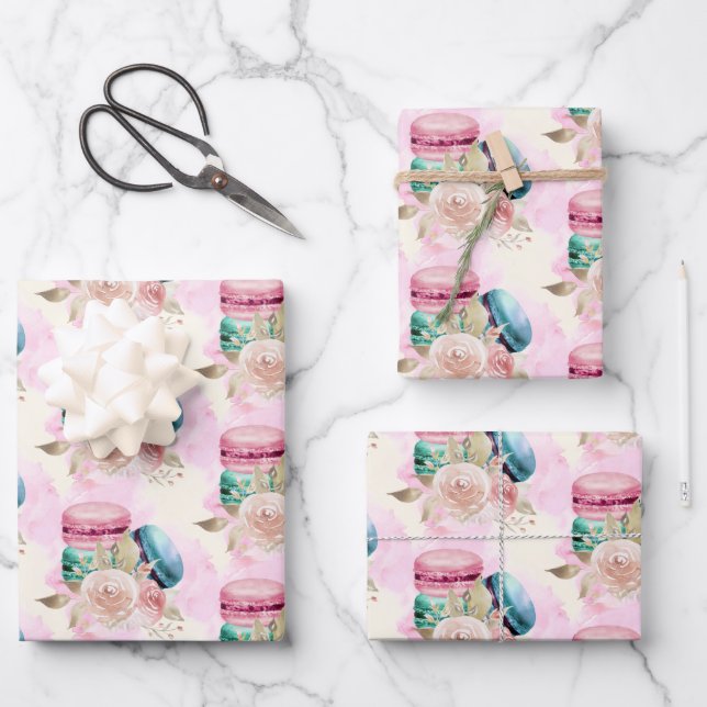 Colourful Macarons and Flowers Watercolor Pattern Wrapping Paper Sheet (Front)