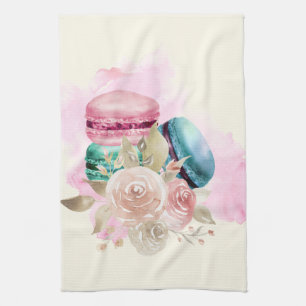 Colourful Macarons and Flowers Watercolor Tea Towel